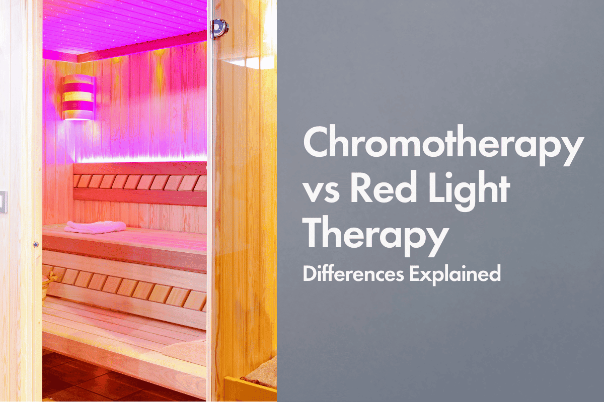 Open wooden sauna room illuminated with purple and pink LED lights, with text overlay on the right reading “Chromotherapy vs Red Light Therapy – Differences Explained” on a gray background.