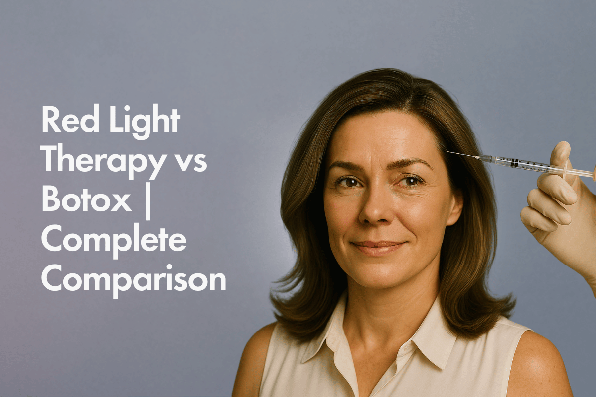 Middle-aged woman with a blowout hairstyle and sleeveless blouse smiles while receiving a Botox injection on her forehead. A gloved hand holds a syringe near her eyebrow. Text on the left reads “Red Light Therapy vs Botox | Complete Comparison” against a soft blue background.