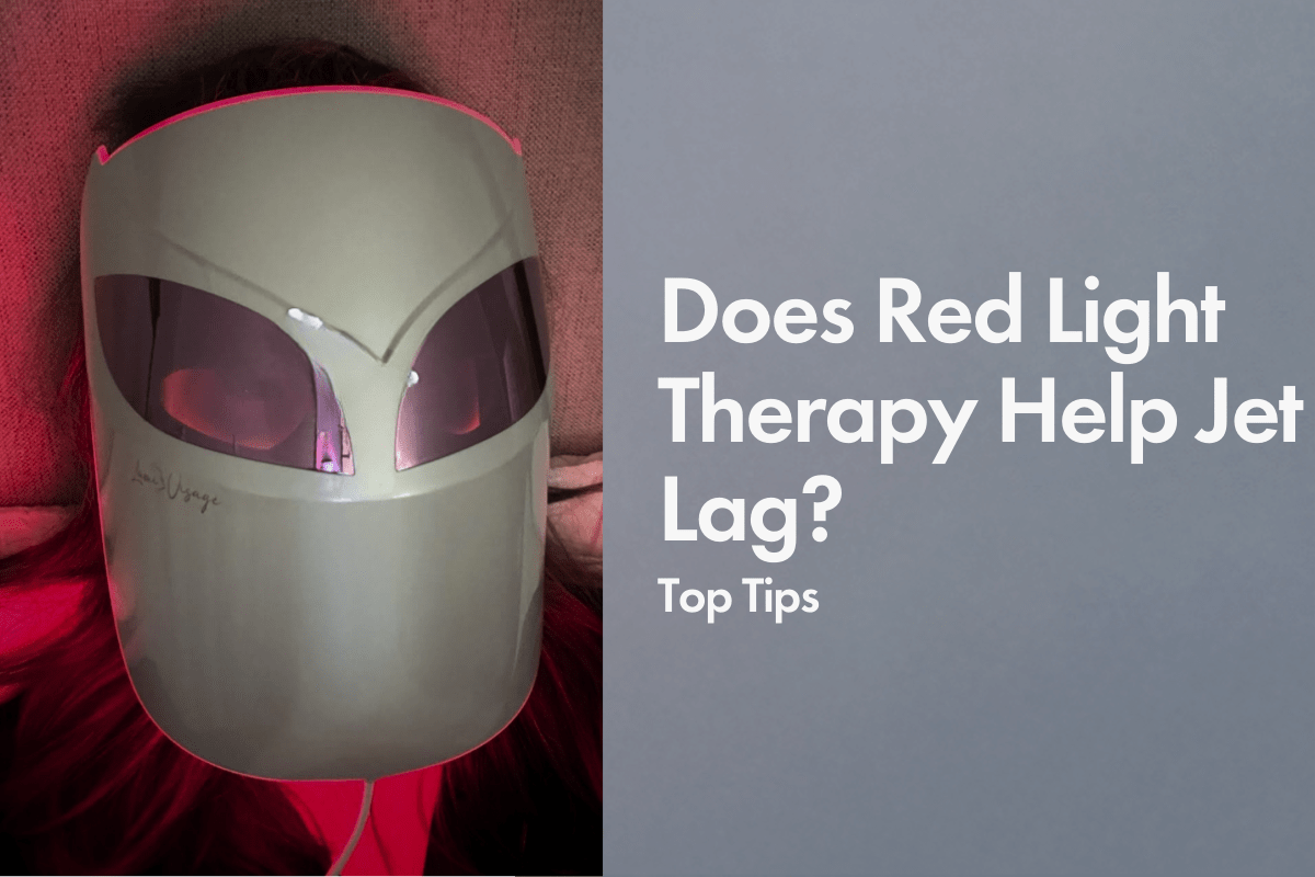 A sleek, gray red light therapy mask is worn by a person resting on a couch, illuminated by soft red light. The mask’s futuristic design is complemented by a dark to light gradient background, with bold white text on the side reading, "Does Red Light Therapy Help Jet Lag? Top Tips."