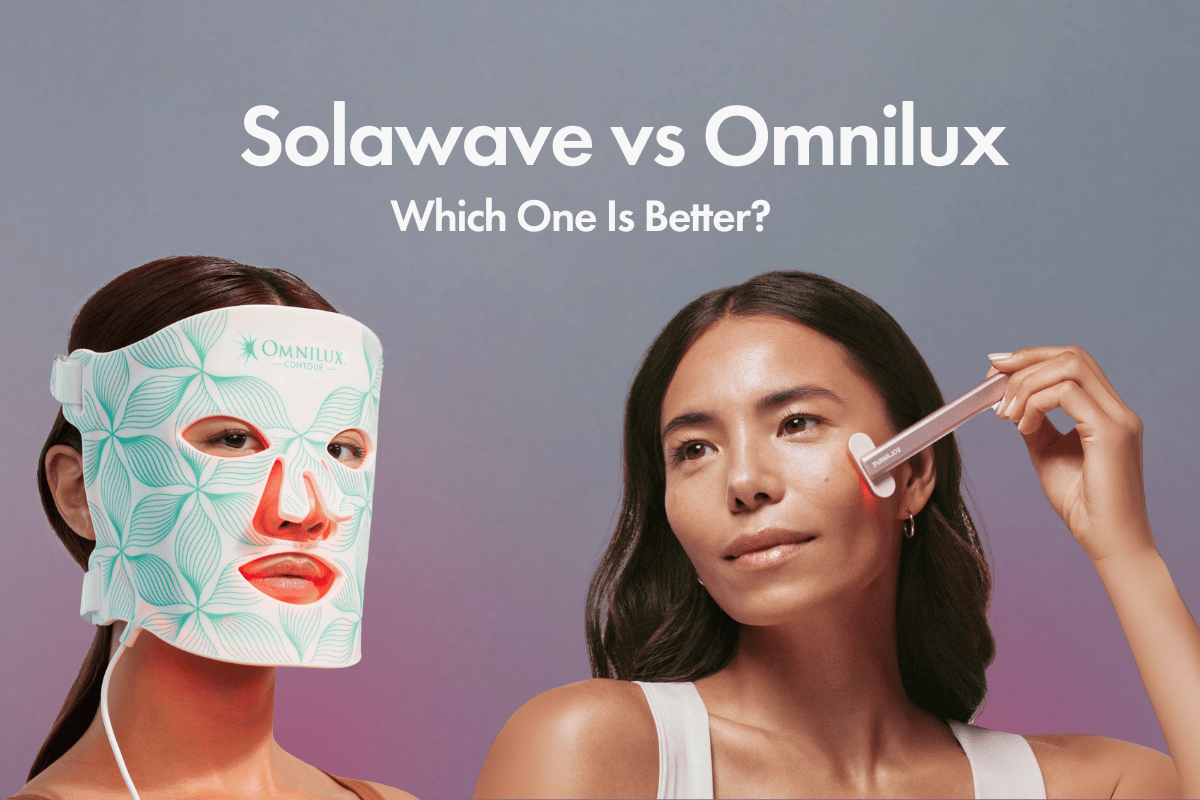 Side-by-side comparison of two women using different red light therapy devices—one wearing an Omnilux LED face mask and the other using a Solawave wand on her cheek—under the headline “Solawave vs Omnilux: Which One Is Better?” against a gradient background.