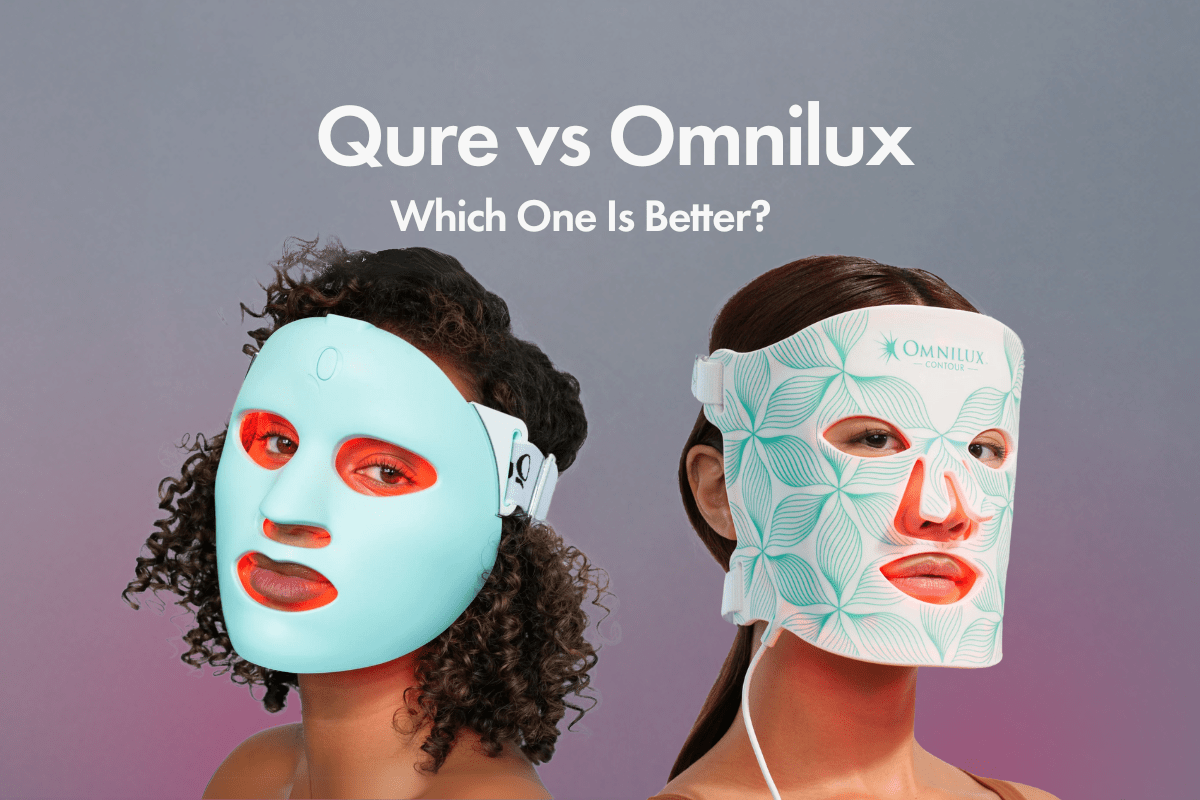 Side-by-side image comparing two women wearing LED light therapy face masks—one in a blue Qure mask with red light glowing underneath, and the other in a white and teal Omnilux Contour mask—under the headline “Qure vs Omnilux: Which One Is Better?” against a soft gradient background.