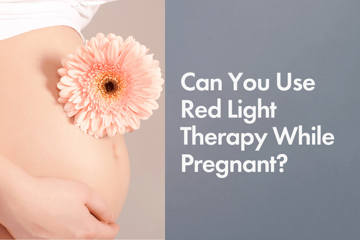 Pregnant belly with a pink flower, featuring the text 'Can You Use Red Light Therapy While Pregnant?' – Exploring safety and benefits of red light therapy during pregnancy.