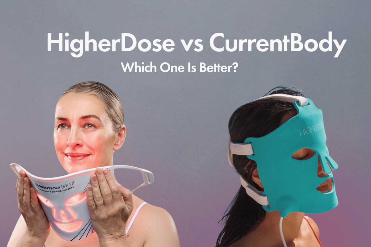 A woman wearing a CurrentBody LED face mask and another woman wearing a HigherDose LED face mask, with the text 'HigherDose vs CurrentBody | Which One Is Better?' – Comparing two popular red light therapy masks.