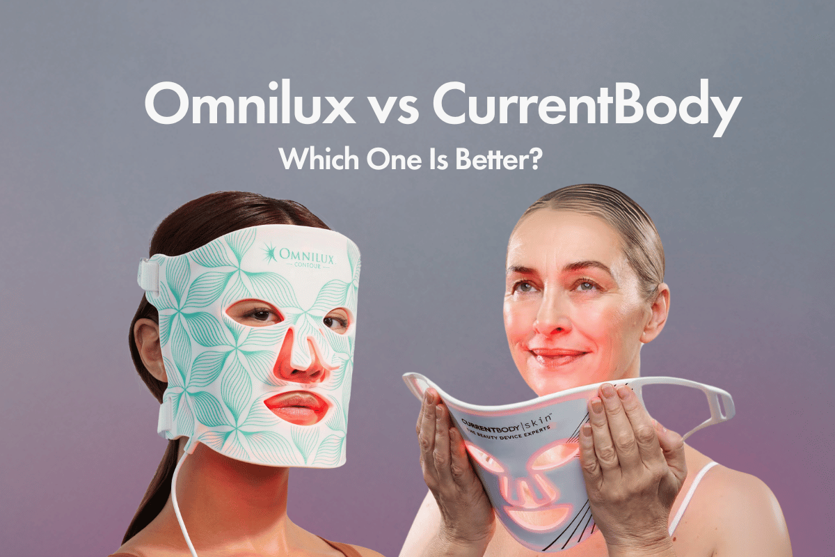 Comparison image of two women using LED face masks—one wearing the Omnilux Contour mask and the other holding the CurrentBody Skin LED mask, both glowing with red light—under the headline “Omnilux vs CurrentBody: Which One Is Better?” set against a soft gradient background.