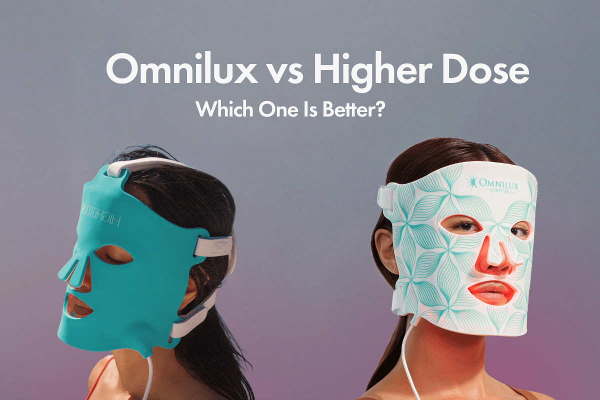 Two women wearing red light therapy masks (Omnilux and Higher Dose), with the text 'Omnilux vs Higher Dose | Which One Is Better?' – Comparing two popular red light therapy brands.